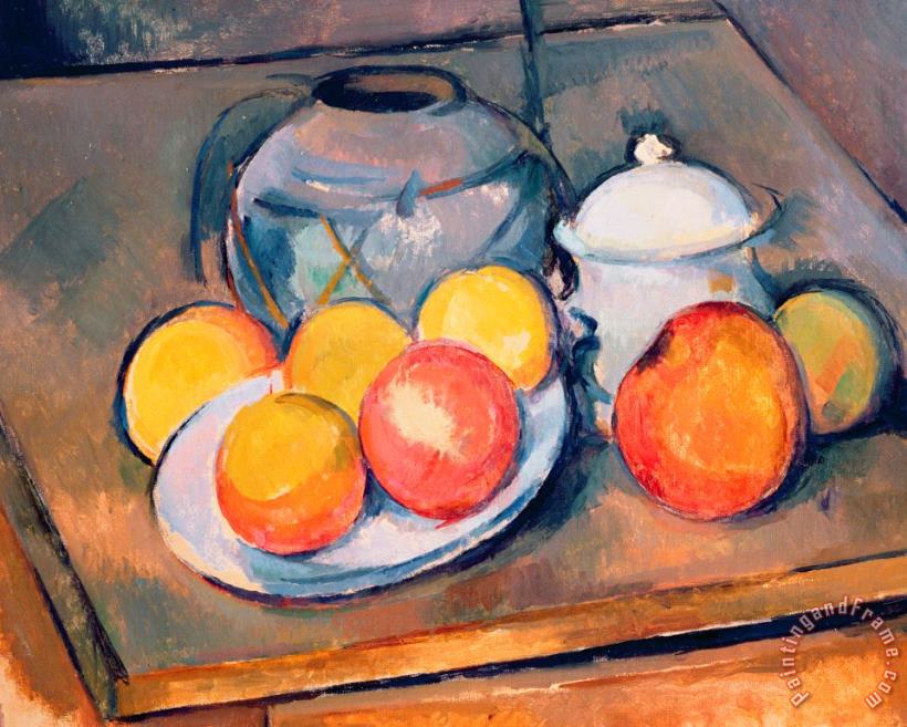 Paul Cezanne Straw Covered Vase Sugar Bowl And Apples Art Painting
