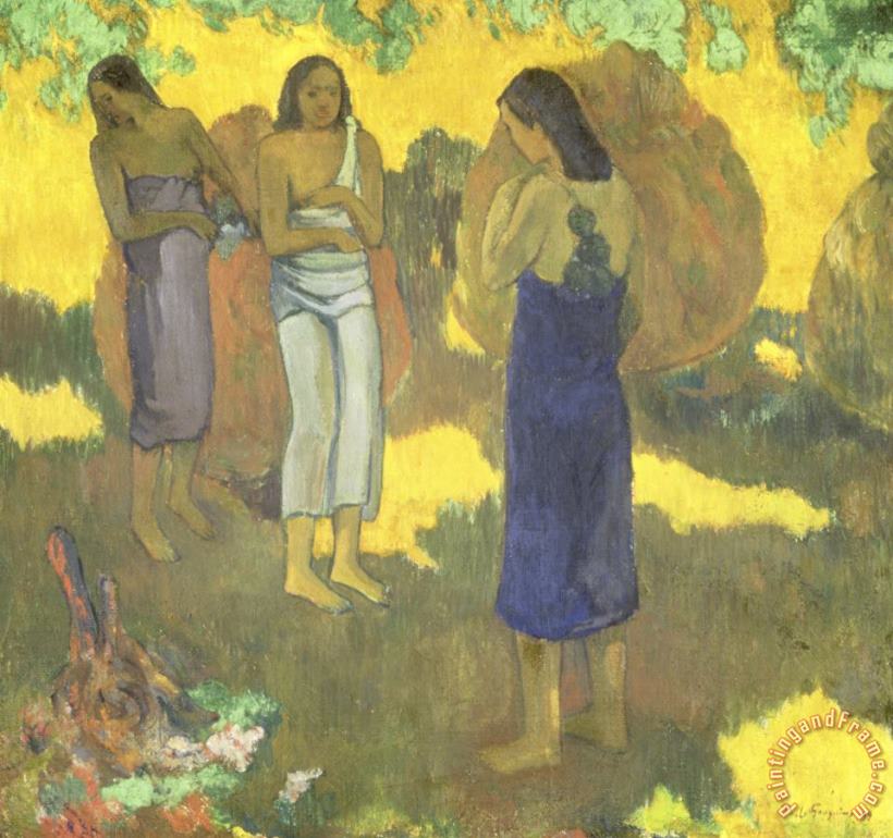Three Tahitian Women Against a Yellow Background painting - Paul Gauguin Three Tahitian Women Against a Yellow Background Art Print