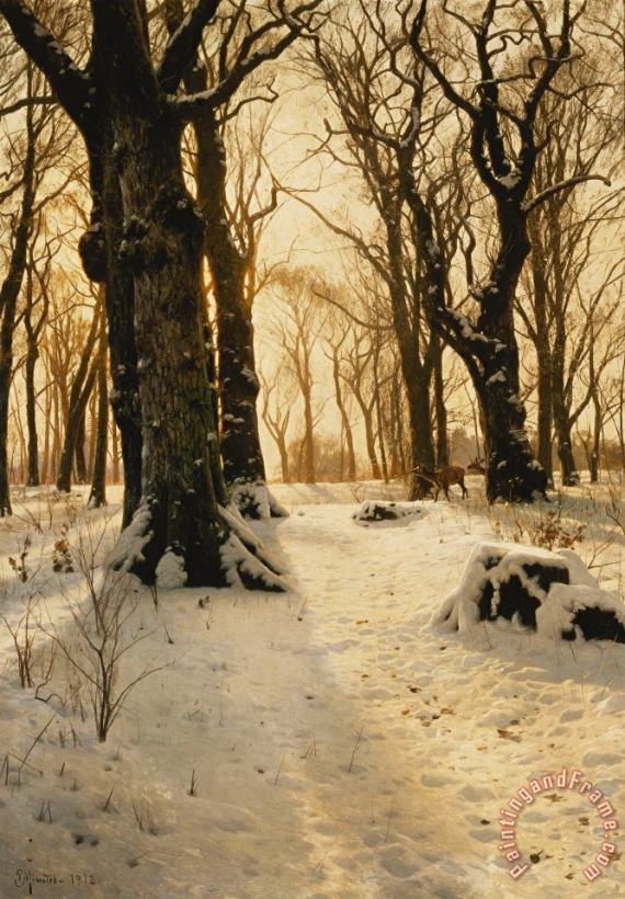 Peder Monsted A Wooded Winter Landscape With Deer Art Print