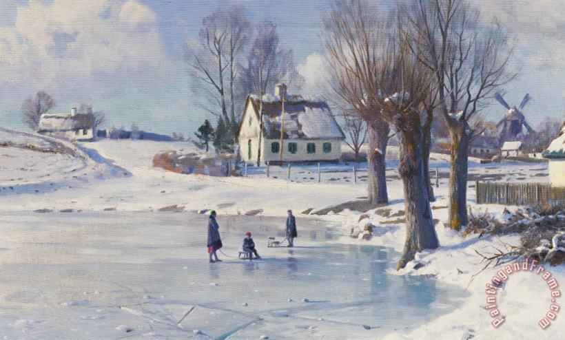 Sledging On A Frozen Pond painting - Peder Monsted Sledging On A Frozen Pond Art Print