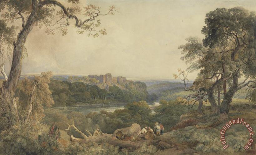 Peter de Wint Castle above a River - Woodcutters in the Foreground Art Painting