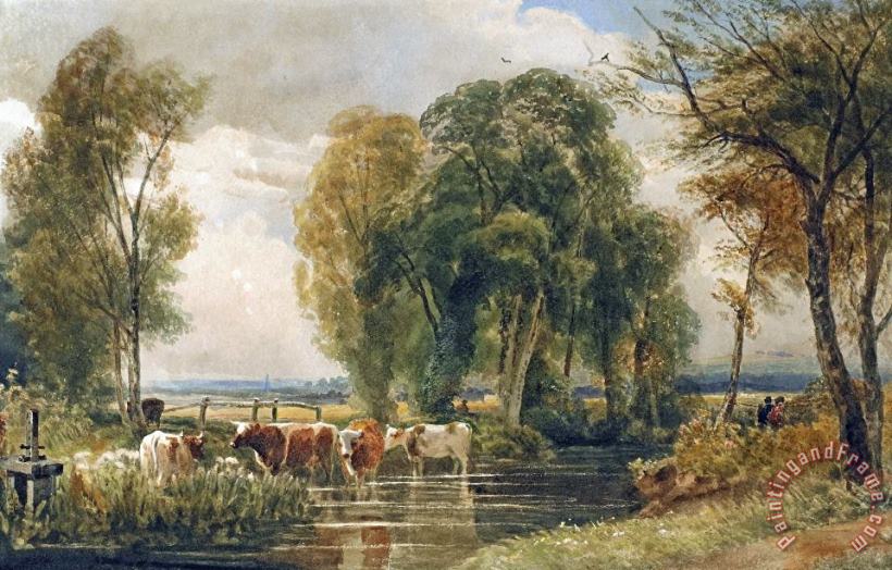 Peter de Wint Landscape Cattle In A Stream With Sluice Gate Art Print