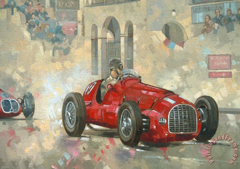 Whitehead's Ferrari passing the pavillion - Jersey painting - Peter Miller Whitehead's Ferrari passing the pavillion - Jersey Art Print