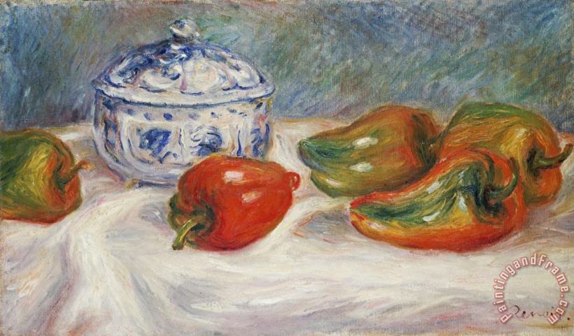 Still Life with a Blue Sugar Bowl And Peppers painting - Pierre Auguste Renoir Still Life with a Blue Sugar Bowl And Peppers Art Print