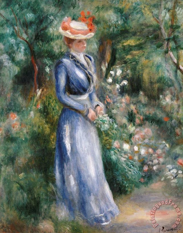 Pierre Auguste Renoir Woman in a Blue Dress Standing in the Garden at Saint-Cloud Art Painting