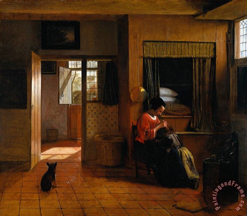Interior with a Mother Delousing Her Child's Hair, Known As 'a Mother's Duty' painting - Pieter de Hooch Interior with a Mother Delousing Her Child's Hair, Known As 'a Mother's Duty' Art Print