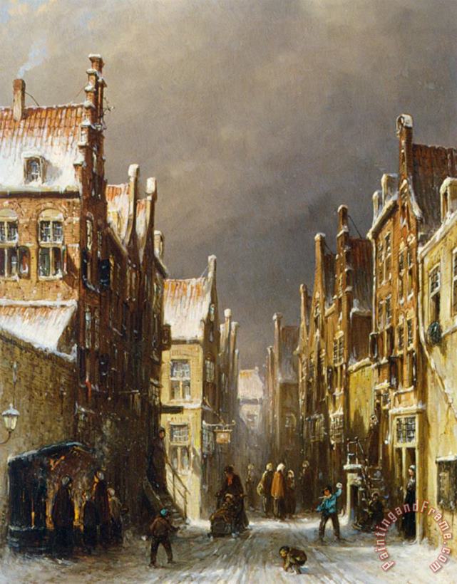 Pieter Gerard Vertin Figures in The Snow Covered Streets of a Dutch Town Art Print