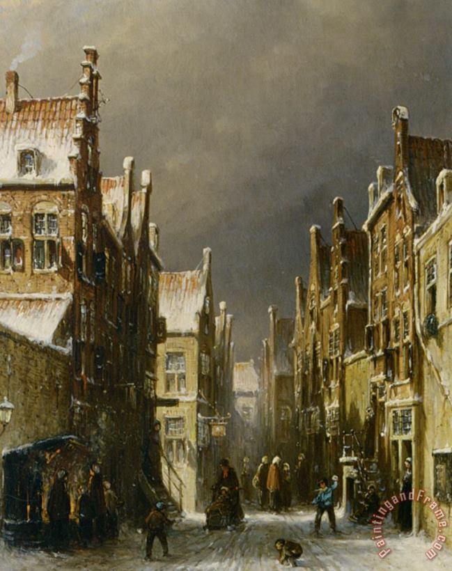 Pieter Gerard Vertin Figures in The Snow Covered Streets of a Dutch Town Art Painting