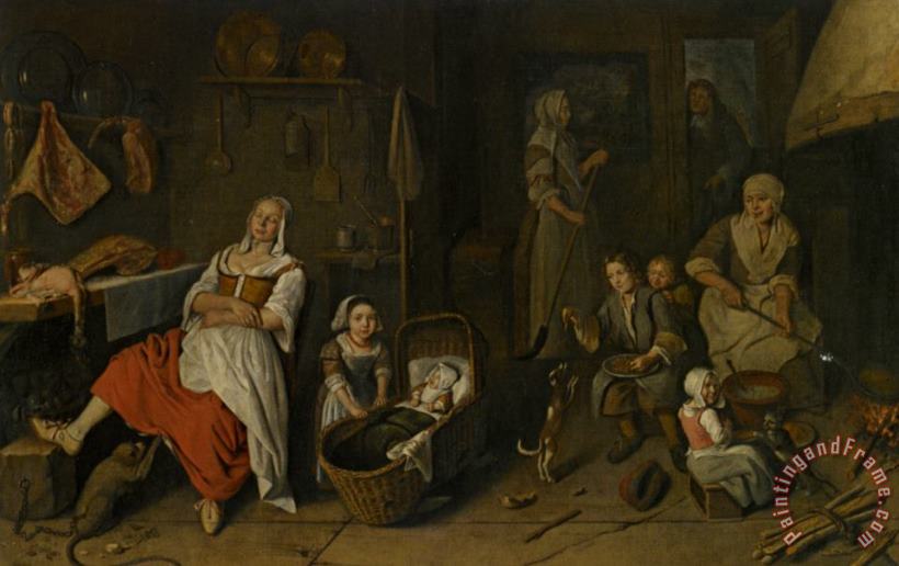 A Kitchen Interior with a Woman Cooking at The Hearth Children Playing And a Woman Resting by The Butchers Table painting - Pieter Gerritsz. Van Roestraeten A Kitchen Interior with a Woman Cooking at The Hearth Children Playing And a Woman Resting by The Butchers Table Art Print