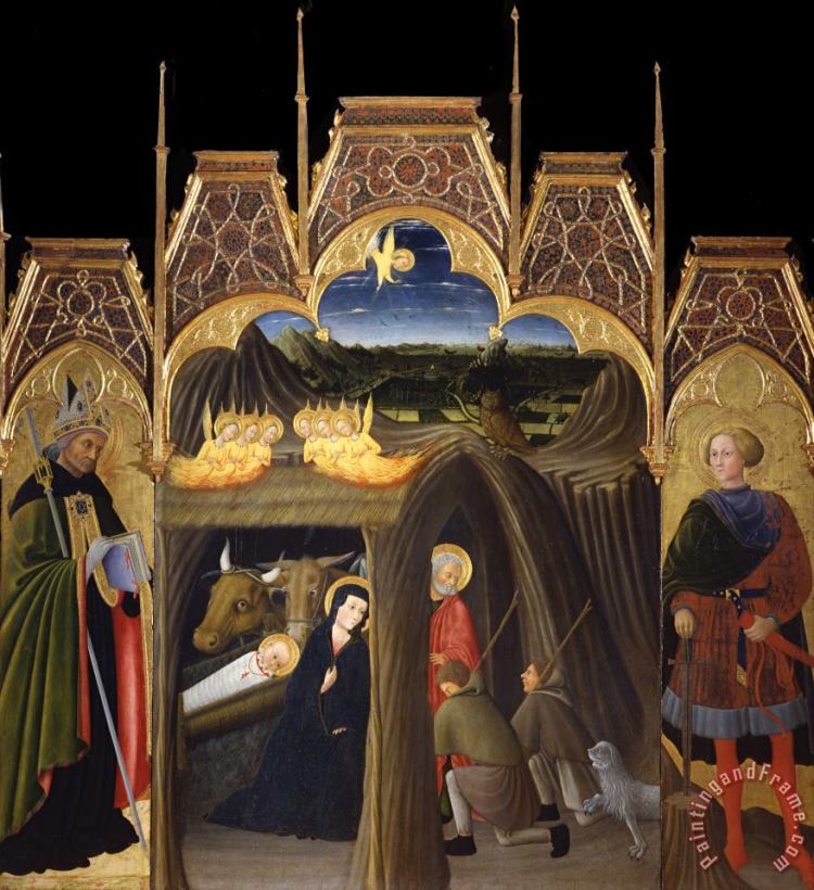 Adoration of The Shepherds Between Saints Augustin And Galgano painting - Pietro di Giovanni d'Ambrogio Adoration of The Shepherds Between Saints Augustin And Galgano Art Print