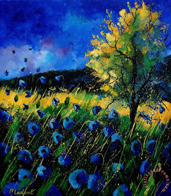 Blue poppies painting - Pol Ledent Blue poppies Art Print