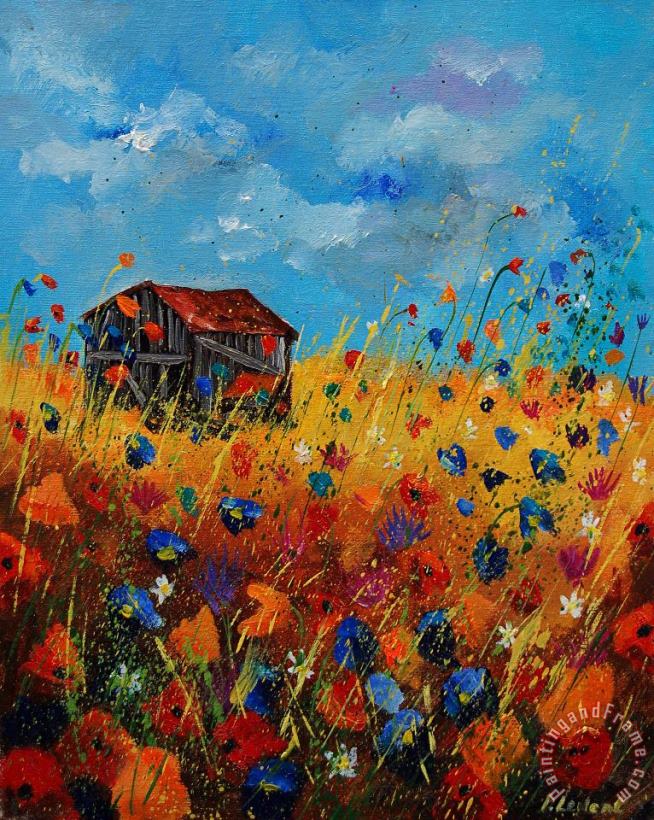 Old barn and wild flowers painting - Pol Ledent Old barn and wild flowers Art Print