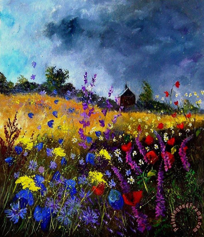 Old chapel and flowers painting - Pol Ledent Old chapel and flowers Art Print