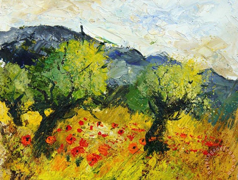 Olive trees and poppies painting - Pol Ledent Olive trees and poppies Art Print