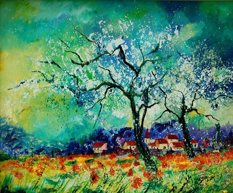 Poppies and appletrees in blossom painting - Pol Ledent Poppies and appletrees in blossom Art Print