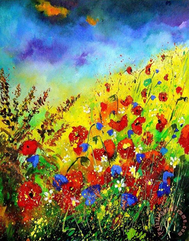 Poppies and blue bells painting - Pol Ledent Poppies and blue bells Art Print