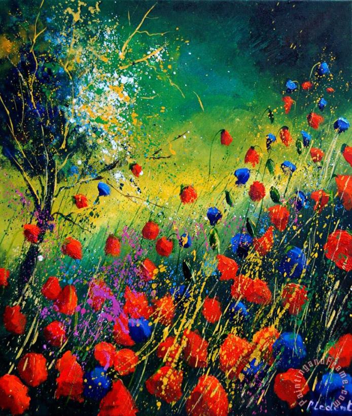 Red And Blue Poppies painting - Pol Ledent Red And Blue Poppies Art Print