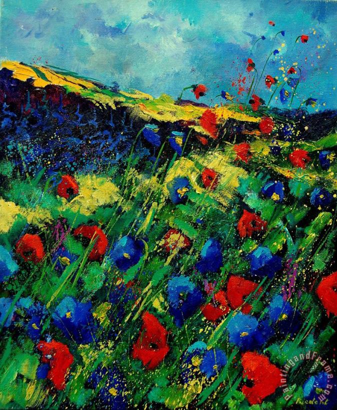Red and blue poppies 56 painting - Pol Ledent Red and blue poppies 56 Art Print