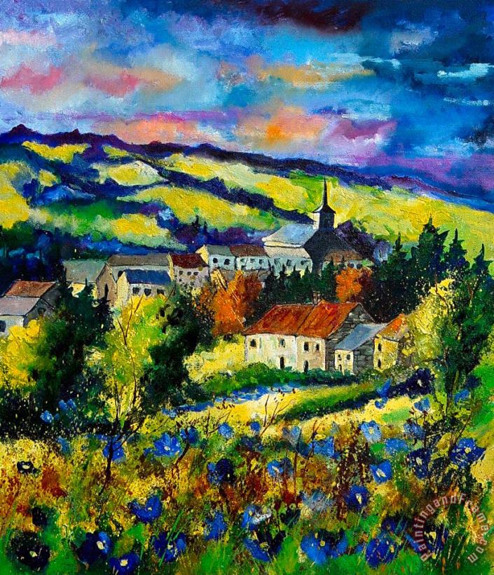 Village and blue poppies painting - Pol Ledent Village and blue poppies Art Print