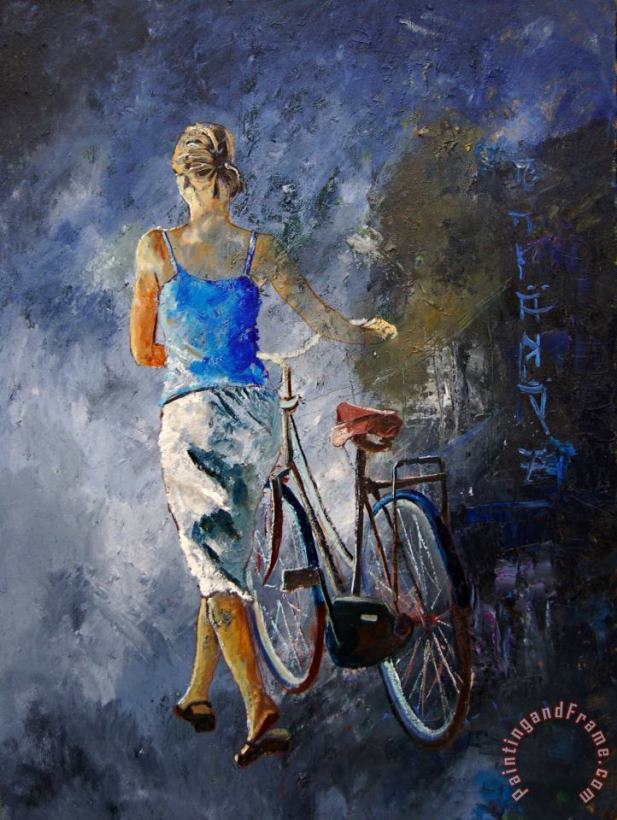 Waking aside her bike 68 painting - Pol Ledent Waking aside her bike 68 Art Print