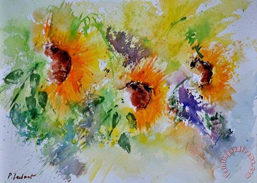 Watercolor Sunflowers painting - Pol Ledent Watercolor Sunflowers Art Print