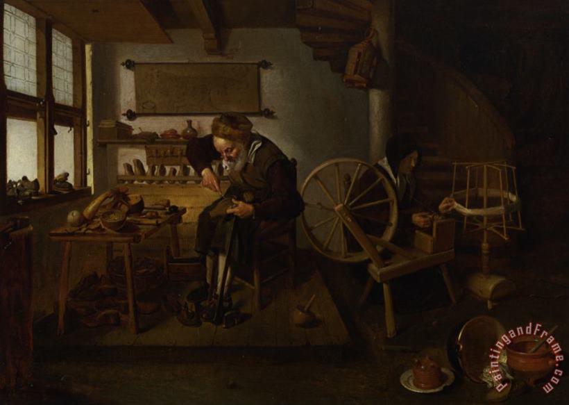Quiringh Gerritsz. Van Brekelenkam A Cobbler at Work with His Wife Spinning Wool Art Painting
