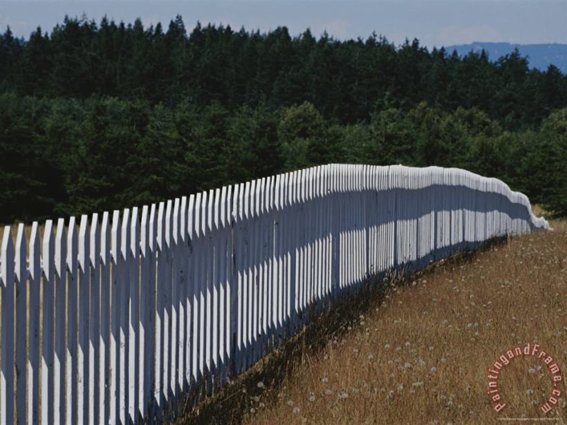 A White Picket Fence Recedes Down a Field painting - Raymond Gehman A White Picket Fence Recedes Down a Field Art Print