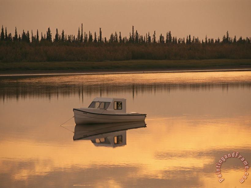 An Anchored Boat Floats on The Mackenzie River at Sunset painting - Raymond Gehman An Anchored Boat Floats on The Mackenzie River at Sunset Art Print