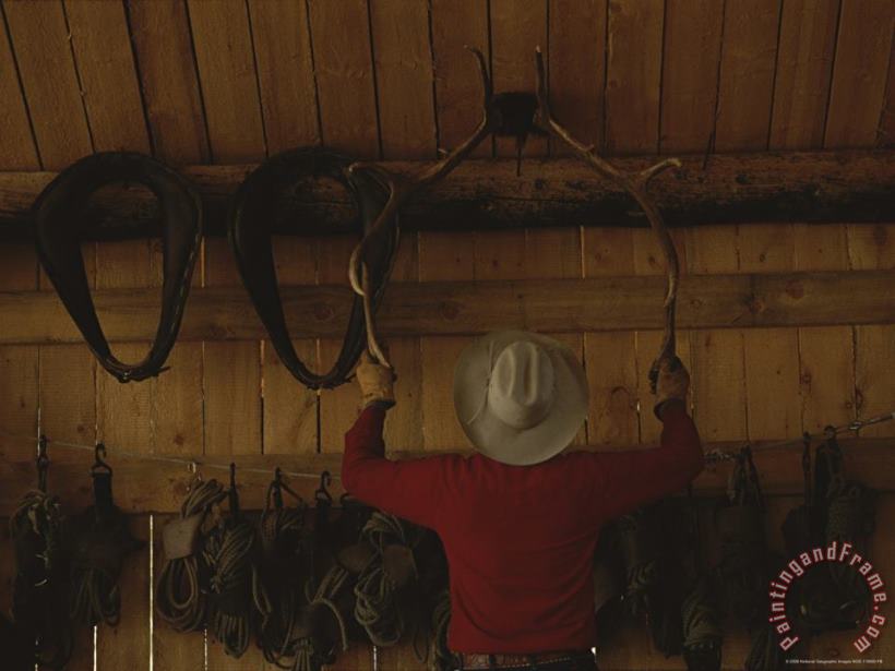 Raymond Gehman An Outfitter Hangs a Set of Elk Antlers on a Cabin Wall Art Painting