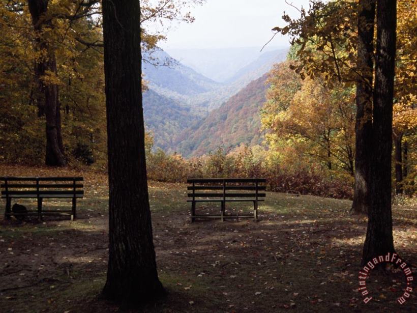 Benches Beckon Rest And Provide a Scenic View of Manns Creek Gorge painting - Raymond Gehman Benches Beckon Rest And Provide a Scenic View of Manns Creek Gorge Art Print
