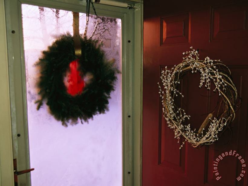 Raymond Gehman Christmas Wreaths Hanging on The Storm And Front Doors of a House Art Print