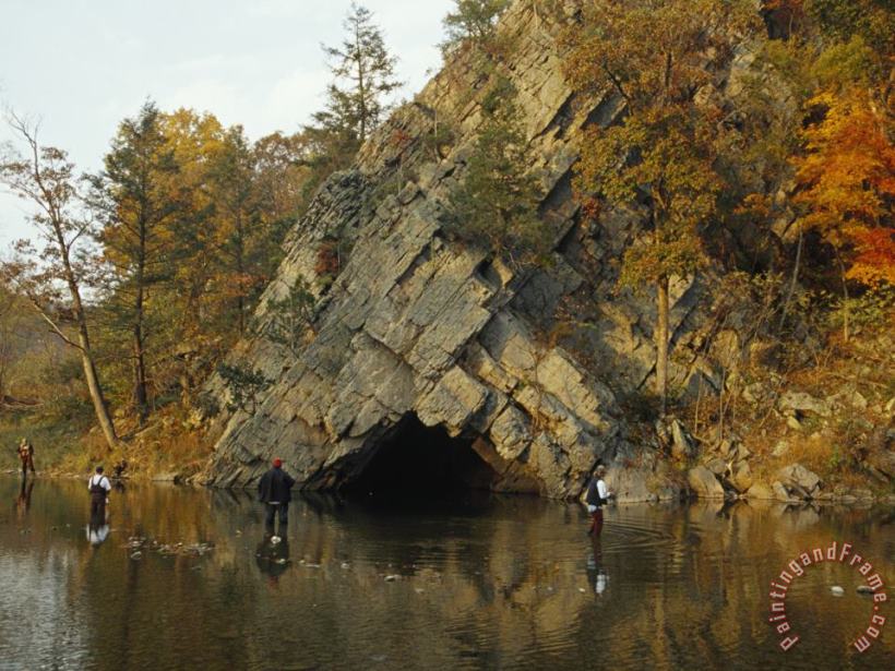 Raymond Gehman Four Men Trying Their Luck Fishing Near a Limestone Cave Entrance Art Painting