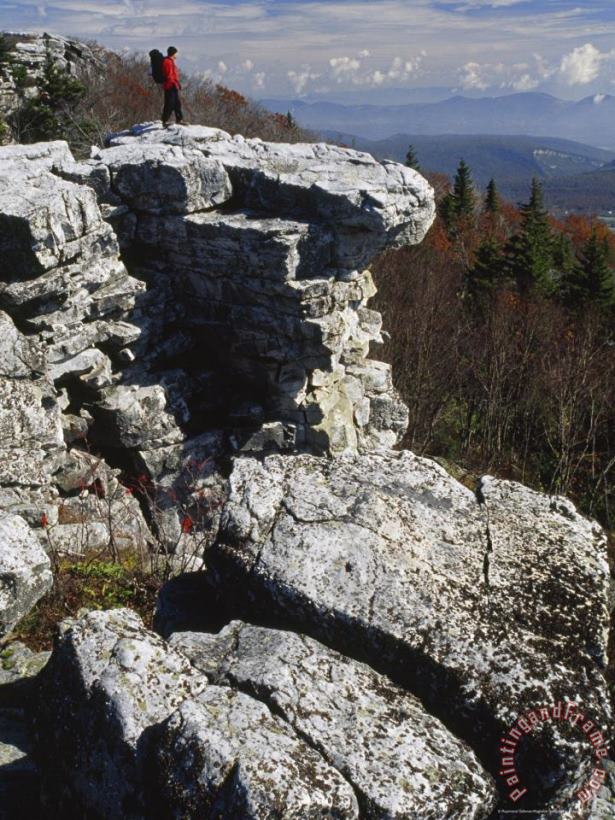 Hiker on a Cliff in The Bear Rocks Preserve painting - Raymond Gehman Hiker on a Cliff in The Bear Rocks Preserve Art Print