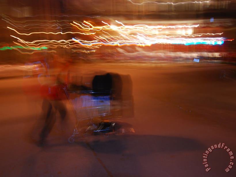 Raymond Gehman Man Pushing a Shopping Cart on a San Francisco Street at Night Art Painting