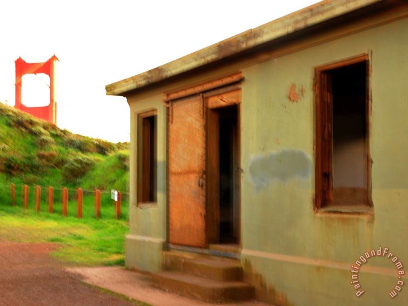 Military Bunker in Marin County with Golden Gate Bridge in Background painting - Raymond Gehman Military Bunker in Marin County with Golden Gate Bridge in Background Art Print