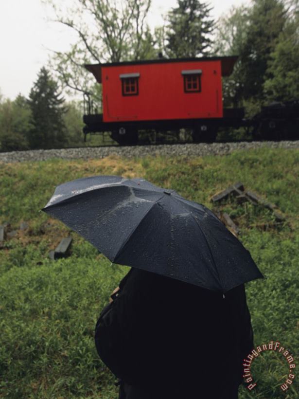 Person Under an Umbrella Looking at a Parked Train Caboose painting - Raymond Gehman Person Under an Umbrella Looking at a Parked Train Caboose Art Print