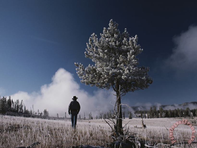 Raymond Gehman Steam Rises Behind a Man in a Frost Covered Pocket Basin Field Art Print