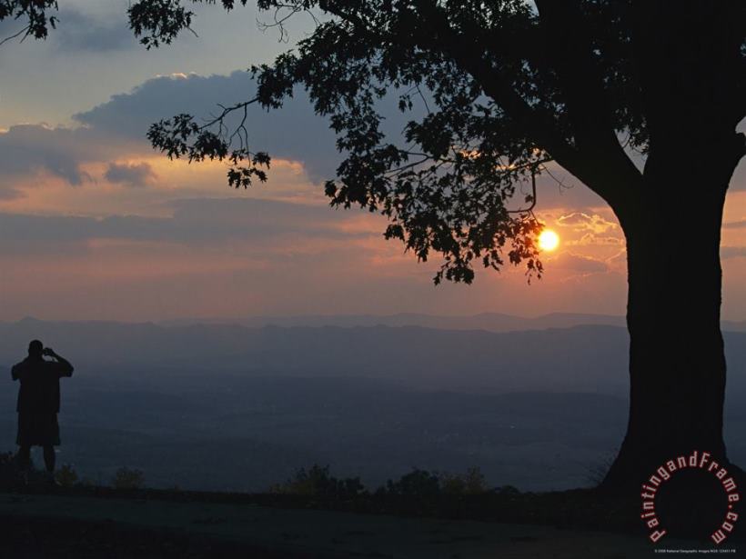 Raymond Gehman Sunset And Silhouetted Oak And Person Over The Shenandoah Valley Dickeys Ridge Visitors Center Art Print