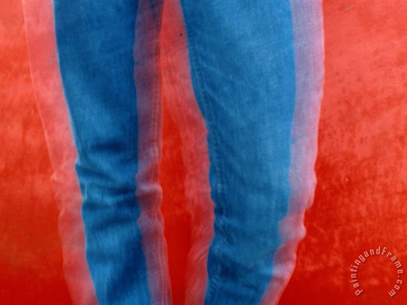 Vibrant Blue Jeans Against a Red Background painting - Raymond Gehman Vibrant Blue Jeans Against a Red Background Art Print