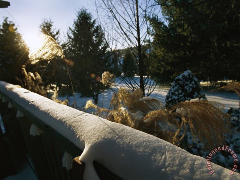 Raymond Gehman View Over a Snow Covered Railing of a Yard on a Sunny Winter Day Art Print