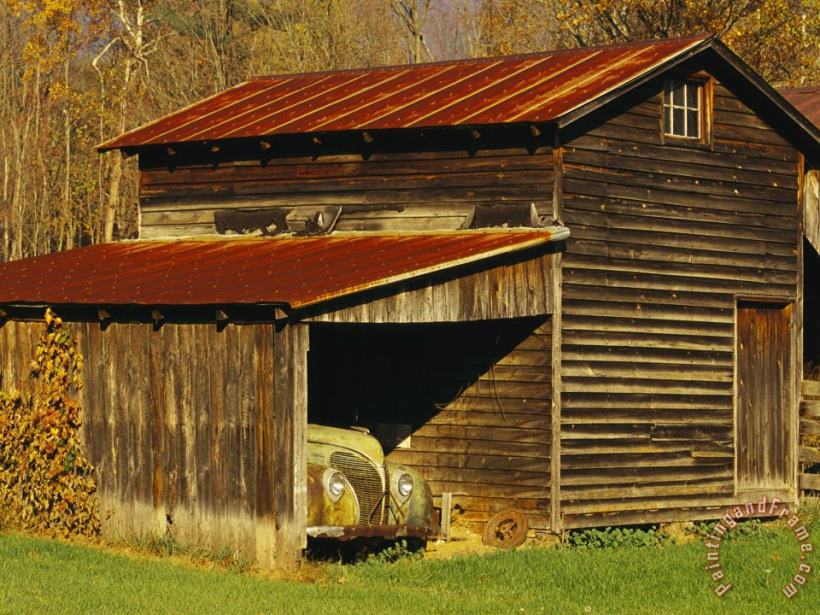 Raymond Gehman Vintage Automobile Is Parked in a Barn Art Painting