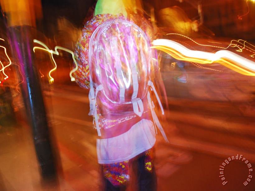 Young Person in Colorful Garb Walking a San Francisco Street at Night painting - Raymond Gehman Young Person in Colorful Garb Walking a San Francisco Street at Night Art Print