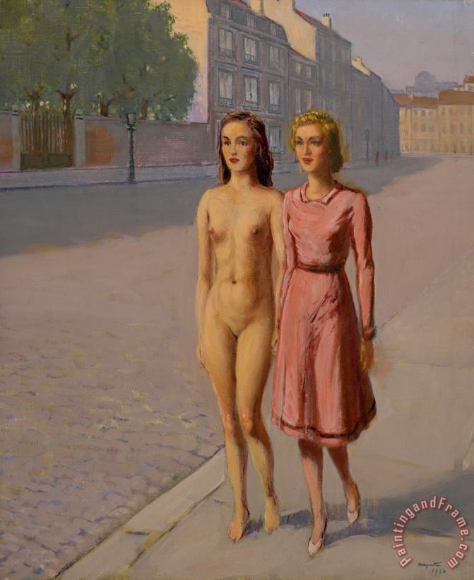 Untitled (two Girls Walking Along a Street) painting - rene magritte Untitled (two Girls Walking Along a Street) Art Print