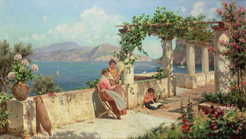 Figures on a Terrace in Capri painting - Robert Alott Figures on a Terrace in Capri Art Print