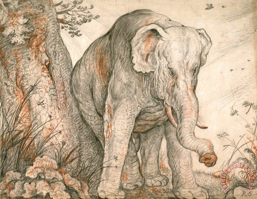 An Elephant Rubbing Itself Against a Tree, C. 1608 1612 painting - Roelant Savery An Elephant Rubbing Itself Against a Tree, C. 1608 1612 Art Print