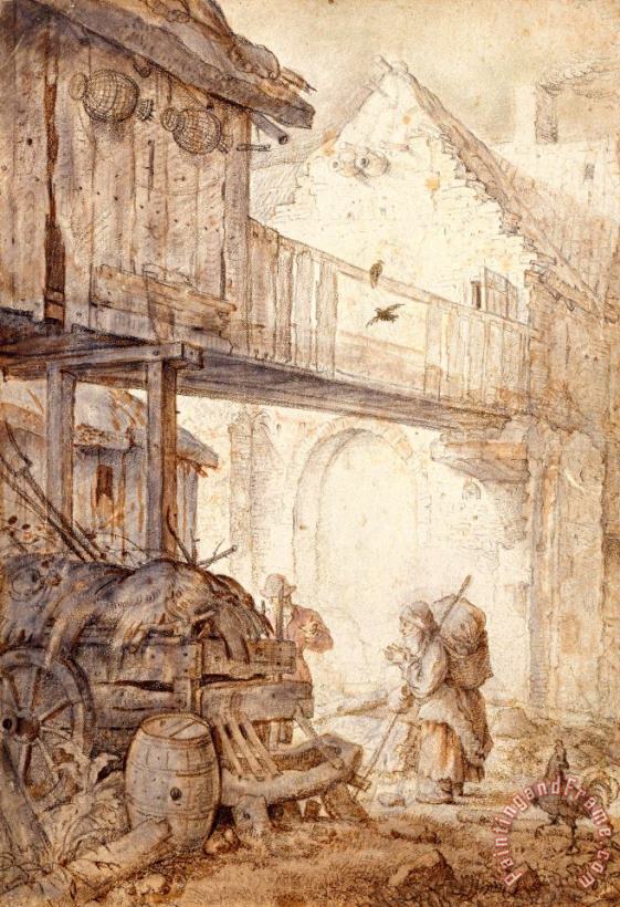 Roelant Savery Derelict Courtyard with a Beggar Woman, C. 1608 Art Print