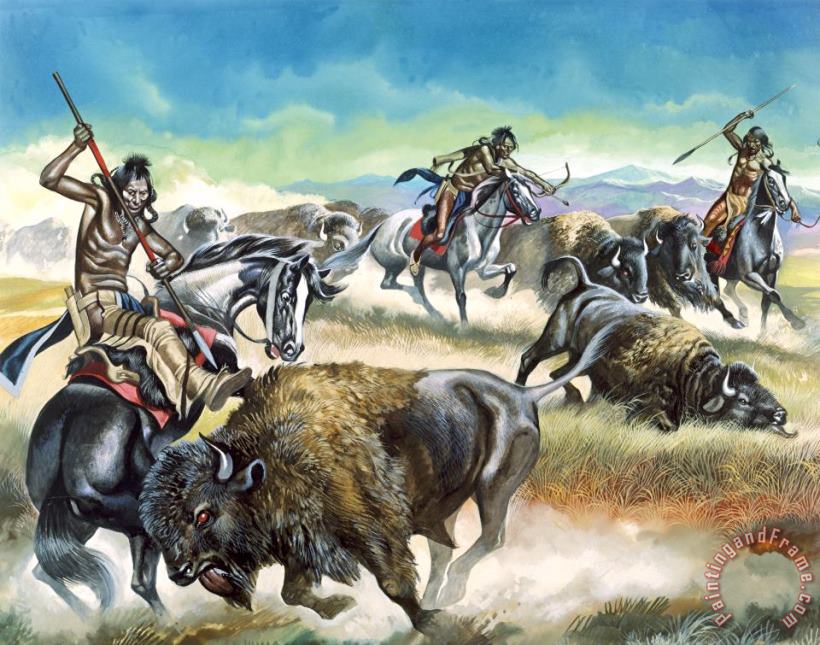 Native American Indians killing American Bison painting - Ron Embleton Native American Indians killing American Bison Art Print