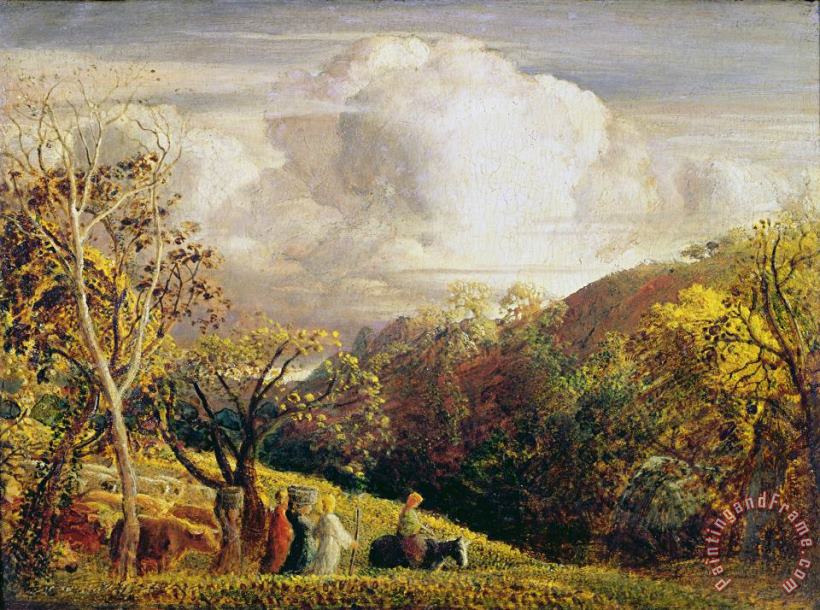 Landscape figures and cattle painting - Samuel Palmer Landscape figures and cattle Art Print