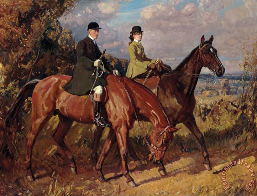 Going to The Meet Captain F.g. Chamberlin And His Sister on Mousehold Heath, Norwich painting - Sir Alfred James Munnings Going to The Meet Captain F.g. Chamberlin And His Sister on Mousehold Heath, Norwich Art Print