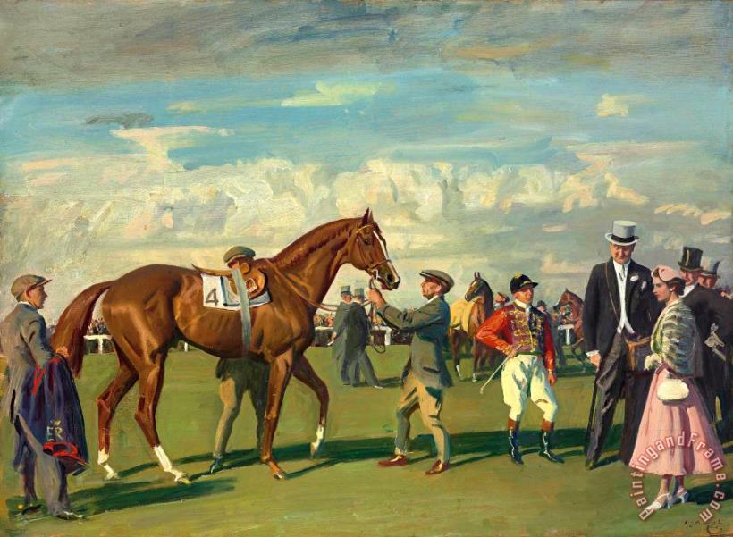 Sir Alfred James Munnings H.m. The Queen And 'aureole' in The Paddock at Epsom Before The Coronation Cup at The Derby Meeting, 1954 Art Painting